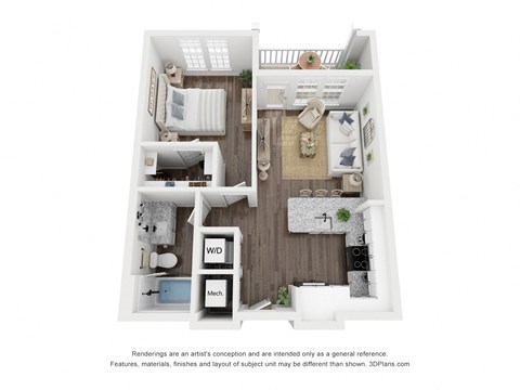 Floor plan for 1 bed, 1 bath, 628 sqft